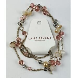 Lane Bryant Long Necklace Light Pink Clear Beads Rose Adjustable Sz Gold Tone